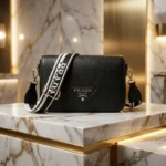 Prada Black Pebbled Leather Crossbody Bag with White Logo Webbing Strap (5)