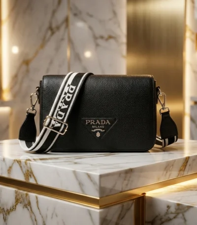 Prada Black Pebbled Leather Crossbody Bag with White Logo Webbing Strap (5)