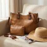 Prada tan pebbled leather women's tote bag with matching zippered pouch and adjustable shoulder strap (1)