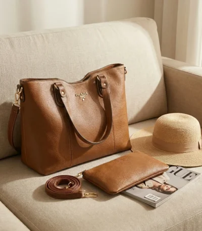 Prada tan pebbled leather women's tote bag with matching zippered pouch and adjustable shoulder strap (2)