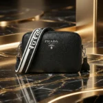 Prada women's black pebbled leather camera bag with wide logo print crossbody strap and silver hardware (2)