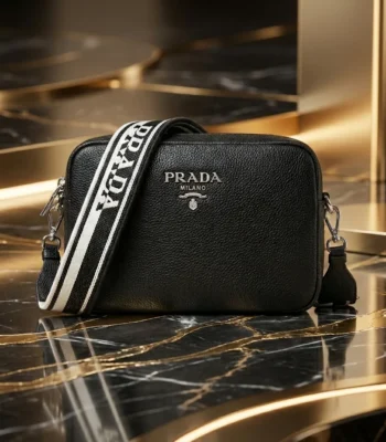 Prada women's black pebbled leather camera bag with wide logo print crossbody strap and silver hardware (2)