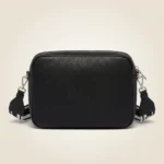 Prada women's black pebbled leather camera bag with wide logo print crossbody strap and silver hardware (5)