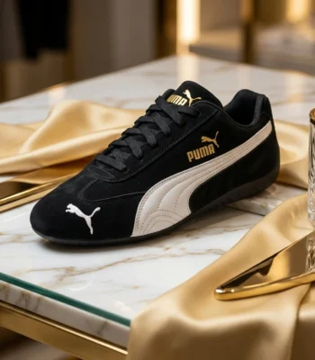 Puma Speedcat black suede motorsport sneaker with white formstrip and gold branding (5)