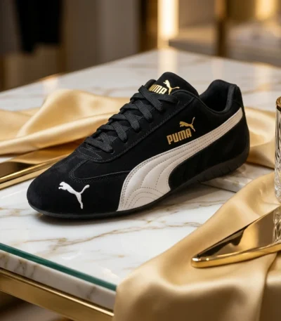 Puma Speedcat black suede motorsport sneaker with white formstrip and gold branding (5)