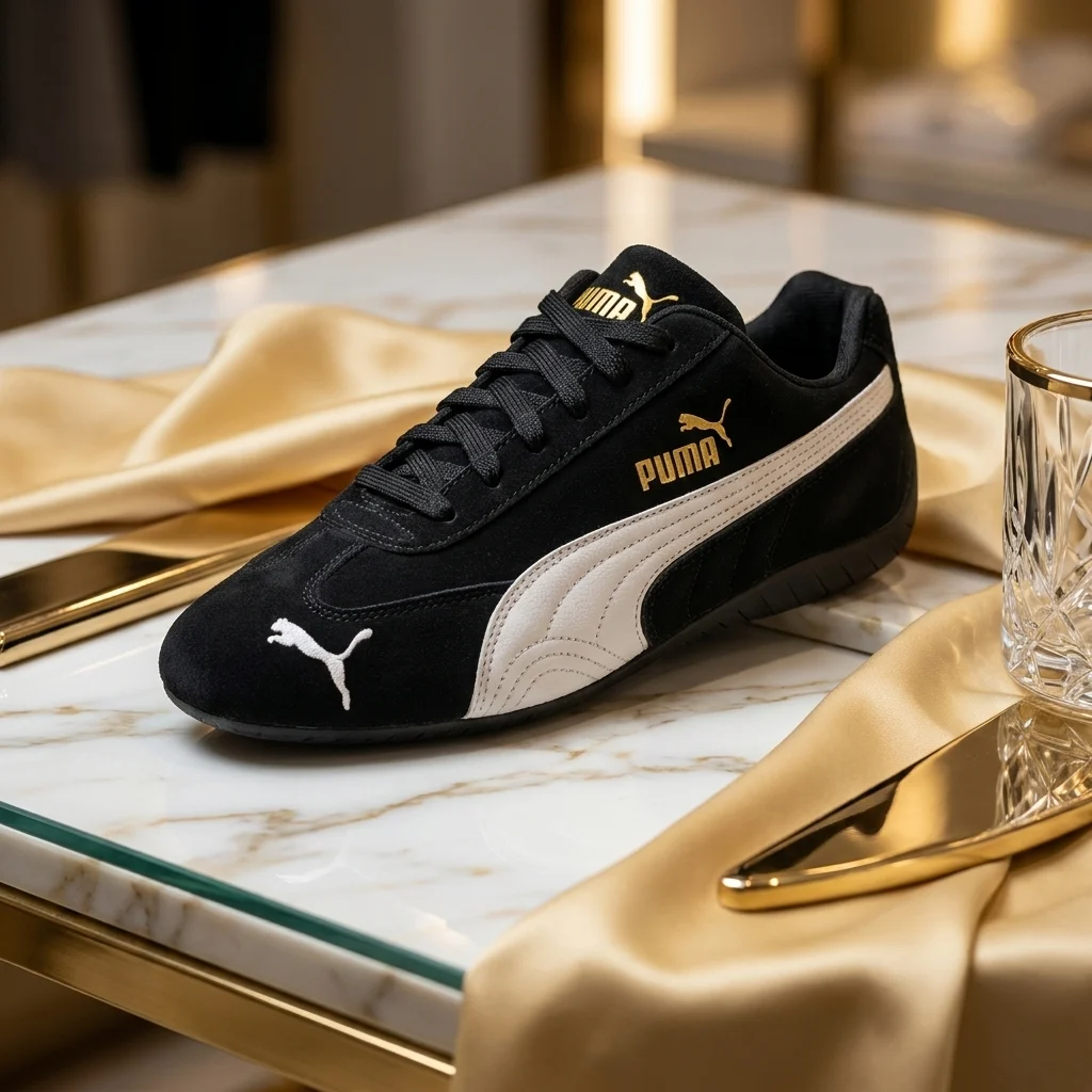 Puma Speedcat black suede motorsport sneaker with white formstrip and gold branding (5) Puma Speedcat black suede motorsport sneaker with white formstrip and gold branding (5)