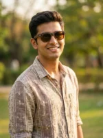 Ray Ban men's matte brown wayfarer sunglasses with brown polarized lenses shown from side and front angles (2)