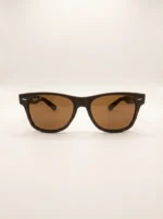 Ray Ban men's matte brown wayfarer sunglasses with brown polarized lenses shown from side and front angles (4)