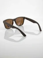 Ray Ban men's matte brown wayfarer sunglasses with brown polarized lenses shown from side and front angles (6)