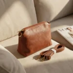 Tan Brown Textured Leather Tote Bag with Matching Pouch for Women (1)