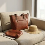 Tan Brown Textured Leather Tote Bag with Matching Pouch for Women (2)