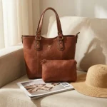 Tan Brown Textured Leather Tote Bag with Matching Pouch for Women (3)
