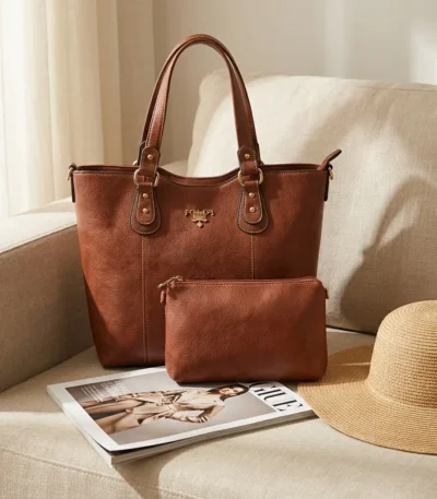 Tan Brown Textured Leather Tote Bag with Matching Pouch for Women (3)