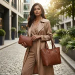 Tan Brown Textured Leather Tote Bag with Matching Pouch for Women (4)