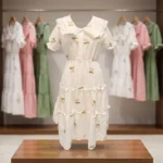 White tiered midi dress with pink cherry embroidery and ruffle Peter Pan collar (1)