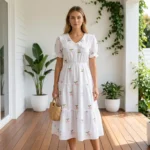 White tiered midi dress with pink cherry embroidery and ruffle Peter Pan collar (2)