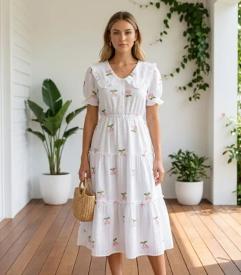 White tiered midi dress with pink cherry embroidery and ruffle Peter Pan collar (2)