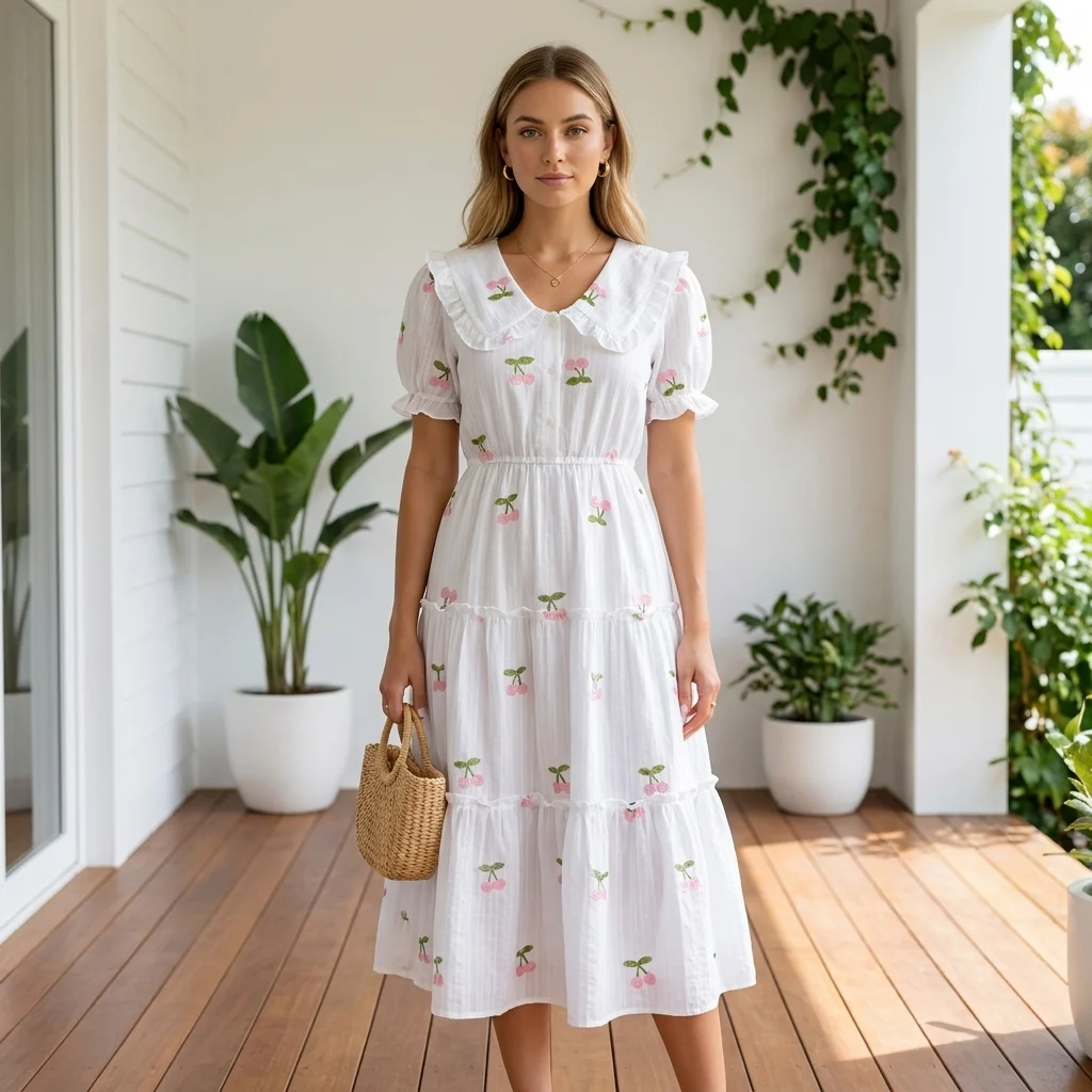 White tiered midi dress with pink cherry embroidery and ruffle Peter Pan collar (2)