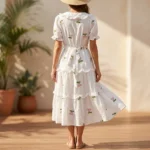 White tiered midi dress with pink cherry embroidery and ruffle Peter Pan collar (3)