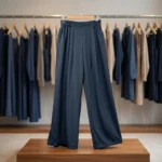 Woman in solid slate blue wide leg pants with matte texture (3)