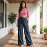Woman in solid slate blue wide leg pants with matte texture (5)