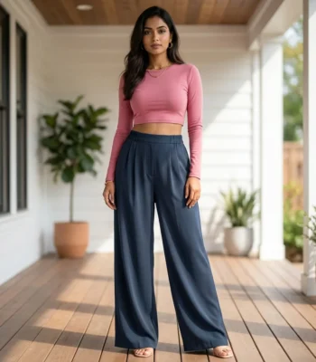 Woman in solid slate blue wide leg pants with matte texture (5)
