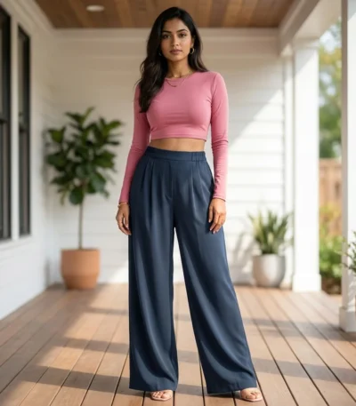 Woman in solid slate blue wide leg pants with matte texture (5)