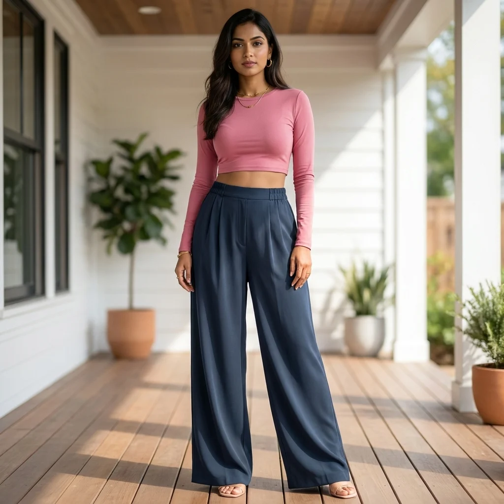 Woman in solid slate blue wide leg pants with matte texture (5)