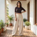 Woman modeling beige high waisted wide leg trousers with front pleats and gold buttons (1)