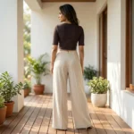 Woman modeling beige high waisted wide leg trousers with front pleats and gold buttons (2)