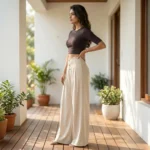 Woman modeling beige high waisted wide leg trousers with front pleats and gold buttons (4)