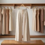 Woman modeling beige high waisted wide leg trousers with front pleats and gold buttons (5)