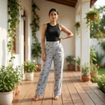 Woman modeling grey high waisted straight trousers with repeating black text pattern (2)