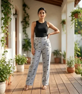 Woman modeling grey high waisted straight trousers with repeating black text pattern (2)