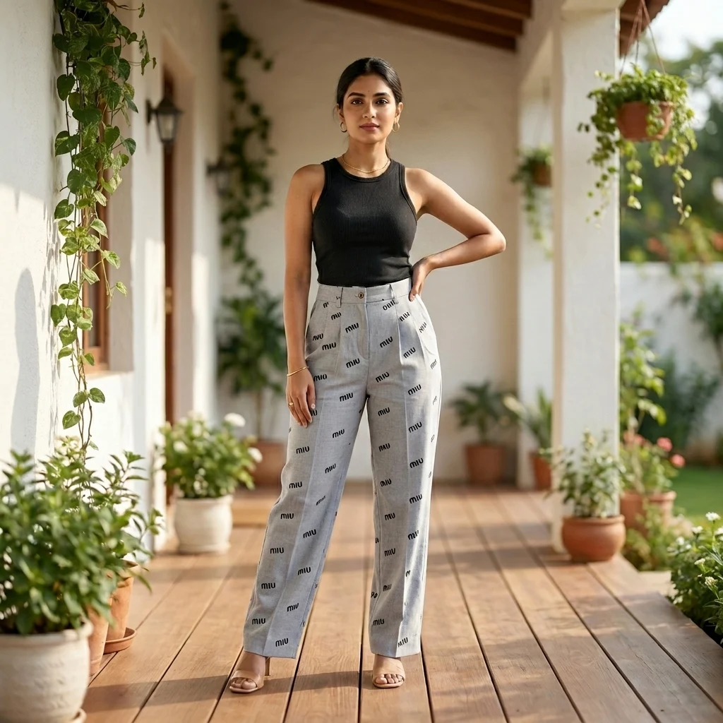 Woman modeling grey high waisted straight trousers with repeating black text pattern (2) Woman modeling grey high waisted straight trousers with repeating black text pattern (2)