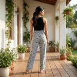 Woman modeling grey high waisted straight trousers with repeating black text pattern (3)