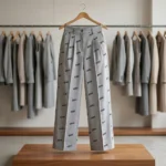 Woman modeling grey high waisted straight trousers with repeating black text pattern (5)