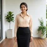 Woman wearing a beige formal shirt with a classic collar and long sleeves (2)