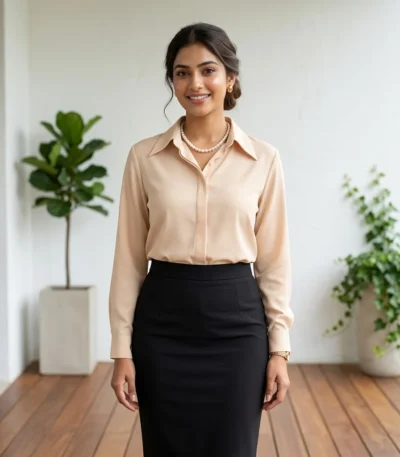 Woman wearing a beige formal shirt with a classic collar and long sleeves (2)