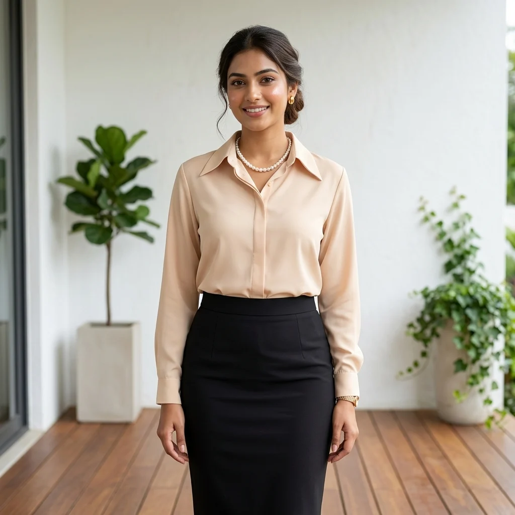 Woman wearing a beige formal shirt with a classic collar and long sleeves (2) Woman wearing a beige formal shirt with a classic collar and long sleeves (2)
