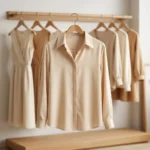 Woman wearing a beige formal shirt with a classic collar and long sleeves (3)