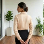 Woman wearing a beige formal shirt with a classic collar and long sleeves (4)