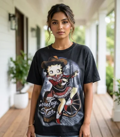 Woman wearing a black oversized t shirt with a vintage country star graphic print (1)