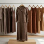 Woman wearing a brown two piece V neck maxi dress and matching shirt (1)