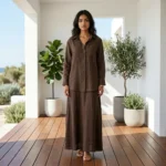 Woman wearing a brown two piece V neck maxi dress and matching shirt (2)