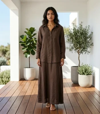 Woman wearing a brown two piece V neck maxi dress and matching shirt (2)
