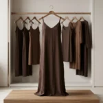 Woman wearing a brown two piece V neck maxi dress and matching shirt (4)