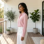 Woman wearing a classic soft pink button down formal shirt (1)