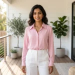 Woman wearing a classic soft pink button down formal shirt (2)