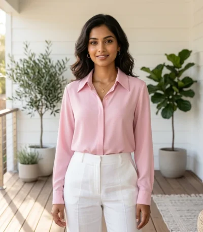 Woman wearing a classic soft pink button down formal shirt (2)